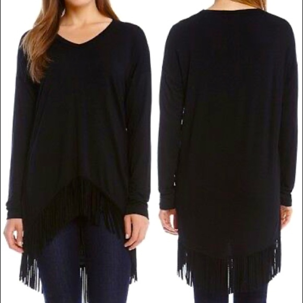 Karen Kane Black Fringed High Low Tunic Top Sz L